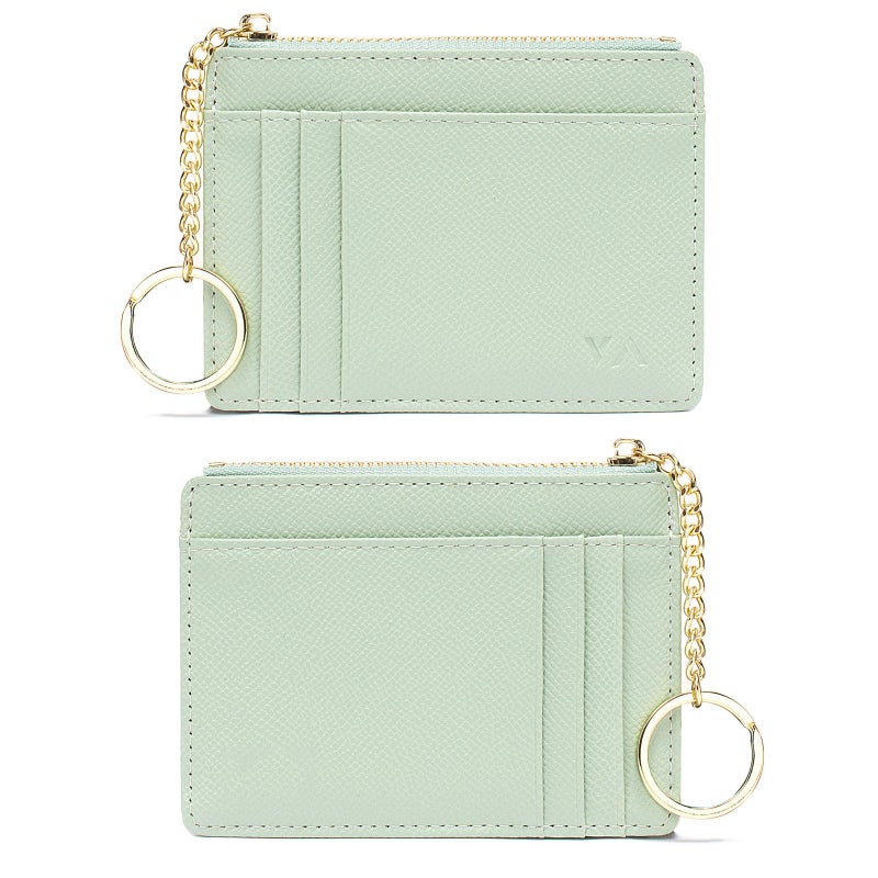 Valentoria Slim RFID Blocking Card Holder Small Pocket Wallet Keychian Zipper Coin Purse Minimalist Leather Cash & Coin & Cards Case for Women Men (Green) - Image 1